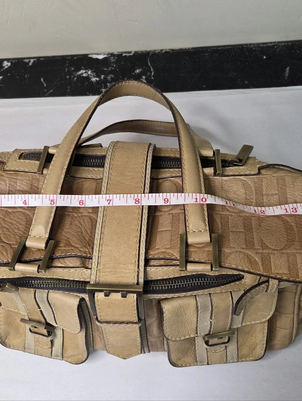 Carolina Herrera Beige Croc-Embossed Leather Satchel with Front Pockets